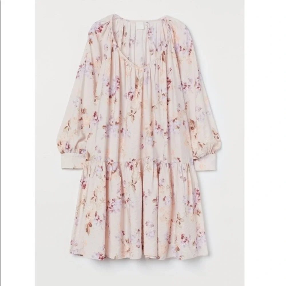 H&M Floral Print Mini Dress‎ Long Sleeve Tiered Hem V Neck Beige Size S